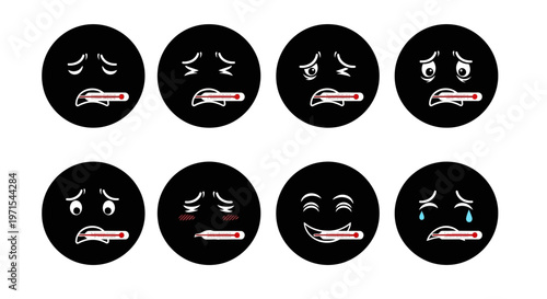 Feverish Black Emoticons with Thermometers - Sickness and Flu Symptoms
