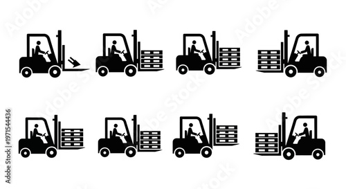 Forklift Truck Moving Pallets in Sequence - Warehouse Operations Icon Set