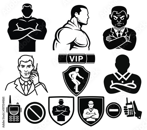 Professional Security Guard and Bouncer Icons for VIP Protection and Safety Concept