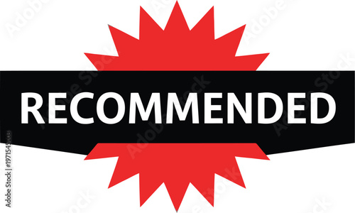 Recommended Badge Icon with Red Starburst and Black Banner for Approval or Endorsement
