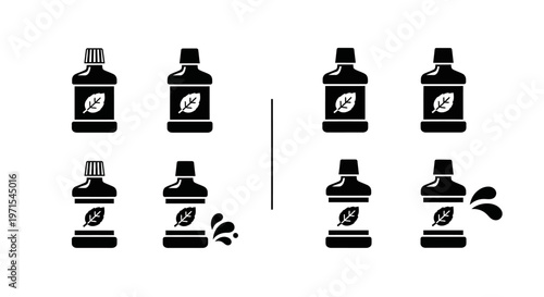 Herbal Mouthwash Bottle Icons with Leaf Symbol and Droplets