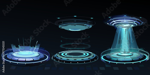 Futuristic holographic displays and platforms in a dark digital environment