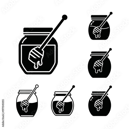 Honey Jar Icons: Sweet Liquid Food and Dipper in Simple Black Silhouette