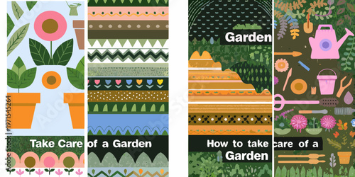 Colorful garden themed bookmarks with floral and tool illustrations