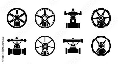 Industrial Valve Icons Set: Control, Flow, Plumbing, Engineering, Mechanical Elements