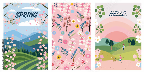 Floral spring themed triptych with mountains greetings and people