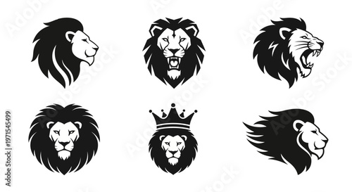 Lion Head Silhouettes Vector Icons Set