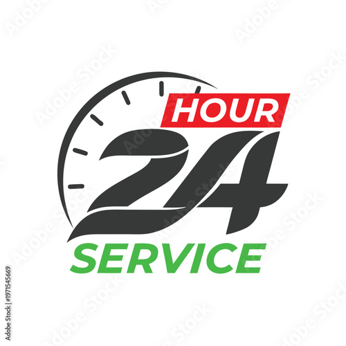 Black and white 24 hour service round clock with red text circle time