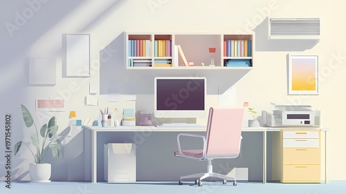 Modernes Homeoffice-Setup mit Computer, Lampe, Schreibtisch, Regale an den Wänden, organisierter Arbeitsbereich.
