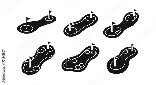 Mini Golf Course Icons Set, Black and White Vector Illustrations