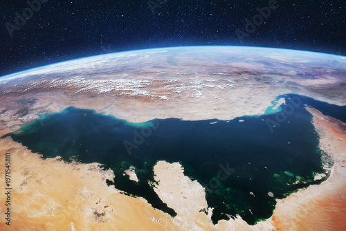 Foto High-altitude satellite view of the Persian Gulf and Arabian Peninsula under a starry space background