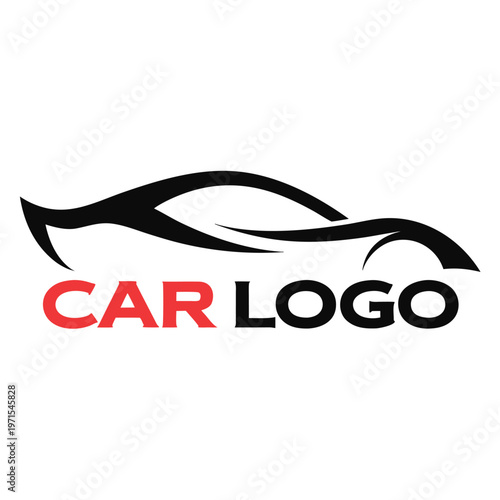 Black stylized car silhouette with red text white
