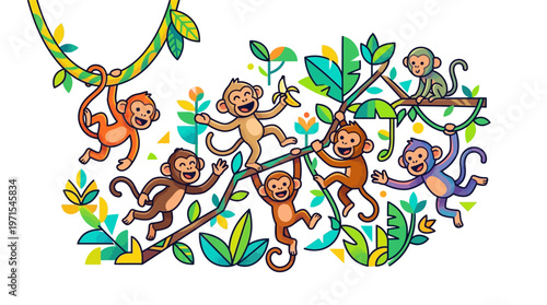 Group of Monkeys on Branches Playing.