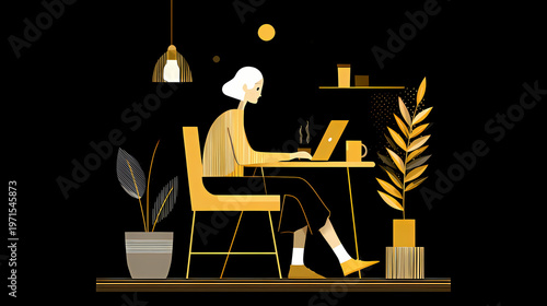 Modernes Homeoffice-Setup mit Computer, Lampe, Pflanzen und einer Frau am Schreibtisch.