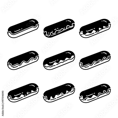 Nine Chocolate Eclairs, Minimalist Line Art, Sweet Pastry Icons