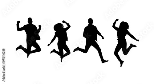 Four silhouettes of people joyfully jumping in mid-air