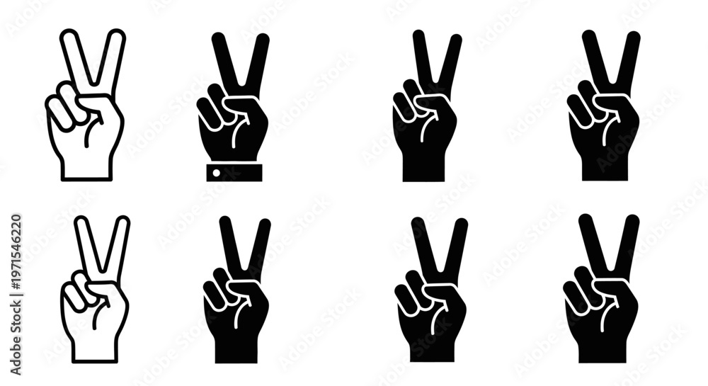 Fototapeta premium Peace Sign Hand Gesture Icons: Black and White Vector Illustrations