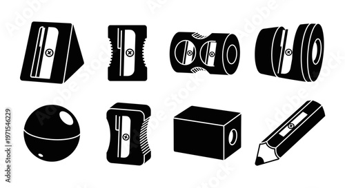Pencil Sharpeners Collection: Various Designs and Types - Isolated Black Icons