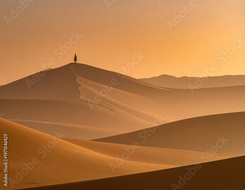 Solitary Figure Standing on Dune in Desert Landscape at Sunset