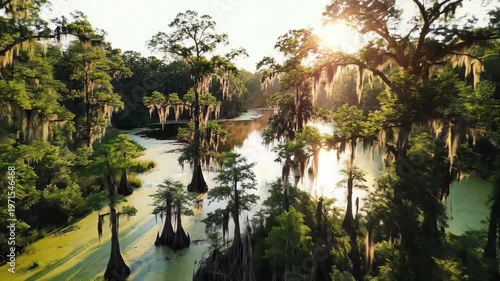 Serene Swamp Landscape at Golden Hour with Cypress Trees and Spanish Moss.