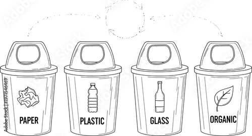Black and white line art illustration depicting four separate waste bins designated for paper plastic glass and organic material recycling streams.
