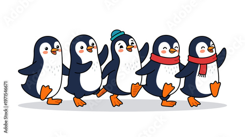 Group of penguins wearing winter clothes.