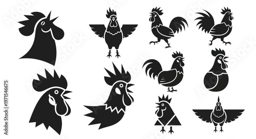 Rooster Icon Set: Diverse Chicken Silhouettes for Farm and Countryside Graphics