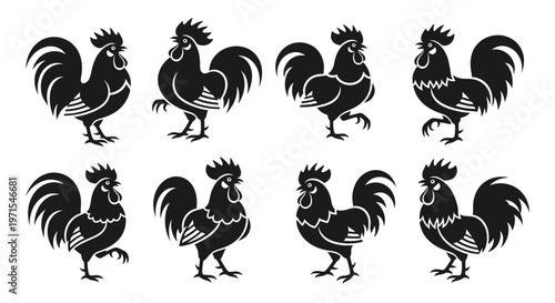 Rooster Silhouette Collection: Dynamic Poses of Black Cockerels