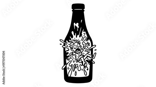 Minimalist Ketchup Bottle Explosion Cartoon Line Art, Monochrome Vector Illustration of Food Fail Humor