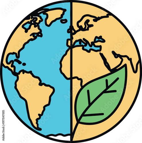 Illustrative depiction of planet earth with a vibrant green leaf integrated into its design, symbolizing global environmental protection, eco-friendliness, and a sustainable future for our world.
