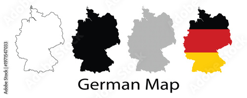 Set of germany map icons, outline, silhouette, dotted and flag style, vector illustration