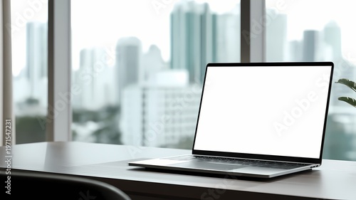 Laptop mit leerem weißen Bildschirm, Vorderansicht auf einem Schreibtisch im Hintergrund Hochhäuser, für ein Arbeitsplatz-Mockup.