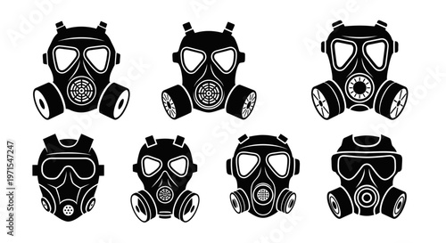 Set of Black Gas Masks Icons on White Background, Protection Equipment