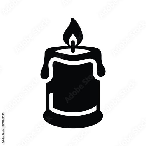 A stylized black and white candle with a lit wick emitting a flame