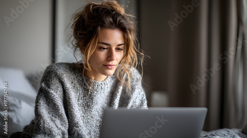 Eine junge Frau mit hochgesteckten Haaren bei der Arbeit im Home-Office schaut auf einen Computer-Bildschirm.