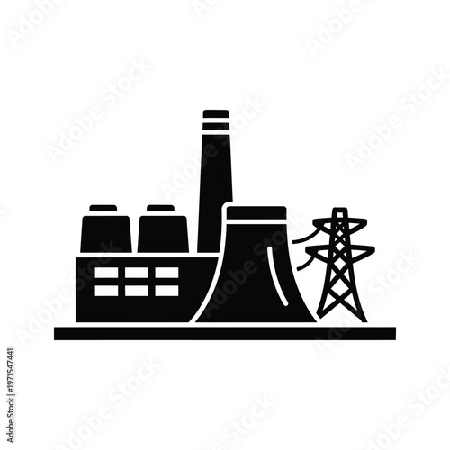 Iconic depiction of a power plant and electricity transmission tower