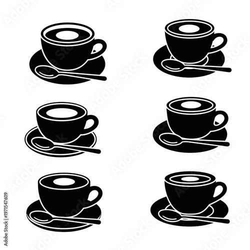 Set of Coffee Cups with Spoons, Black and White Icons, Vector Illustration