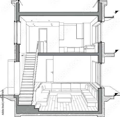 Architectural section drawing details showing a modern two story home interior layout with integrated staircase and sunken living space design