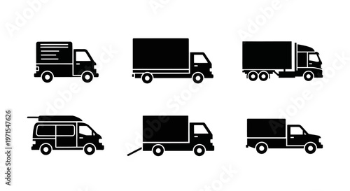 Set of Delivery Truck Icons, Logistics and Transportation Vector Silhouettes