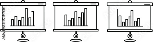Business presentation charts icon set, data analytics graphs on board, financial growth concept, outline vector illustration isolated on white background