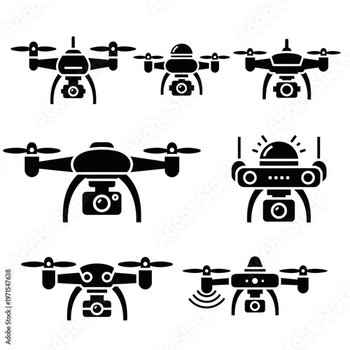 Set of Drone Icons: Quadcopter, Aerial Camera, Surveillance, Technology