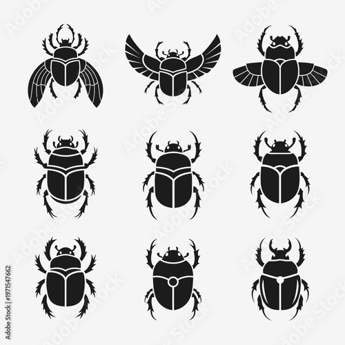 Set of Egyptian Scarab Beetles Icons, Sacred Insect Symbols, Ancient Egypt Art
