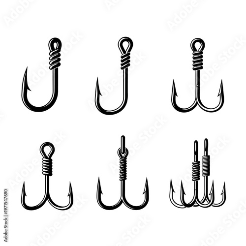 Set of Fishing Hooks: Single, Double, and Treble Hooks