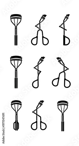 Set of Eyelash Curlers Icons and Silhouettes, Beauty Tool Collection