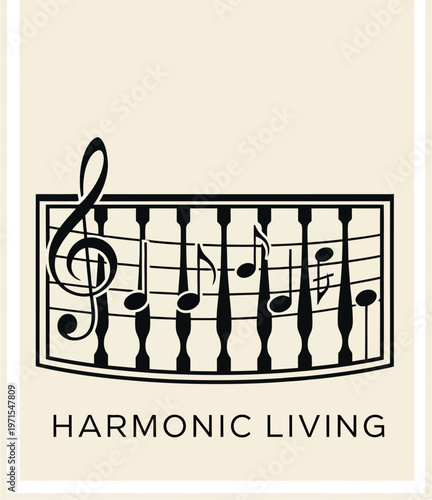 Minimalist black and white graphic logo design featuring a treble clef and musical notes above piano keys represents harmony.