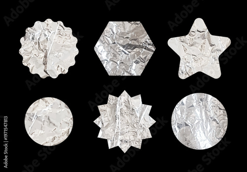 Silver foil stickers set isolated on black. Vector realistic illustration of round, star, cross, rhombus shape patches with shiny wrinkled surface, crumpled silver paper with glossy metallic effect