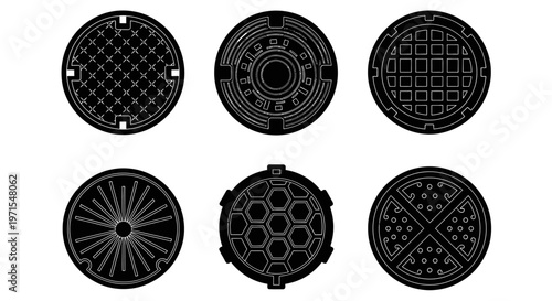 Set of six different round manhole cover designs, graphic elements