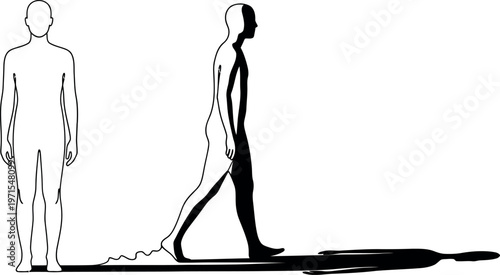 Abstract representation of a person's inner self manifesting as a shadow, stepping forward from their static, empty outline, depicting a journey of self-discovery.