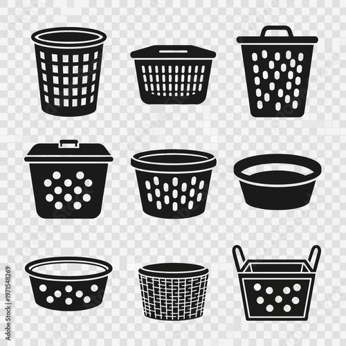 Set of various black laundry baskets and bins on a transparent background