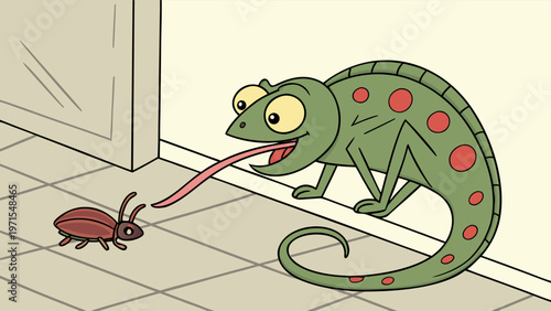 Green Chameleon with Red Spots Catching Cockroach with Long Tongue on Room Floor, Funny Exotic Reptile Hunting Insect Flat Vector Illustration